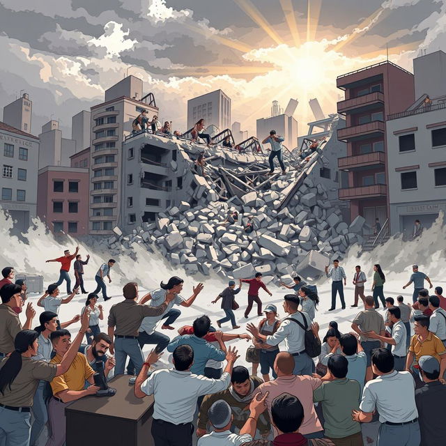An illustration depicting a dramatic natural disaster scene, featuring a powerful earthquake causing destruction in an urban area
