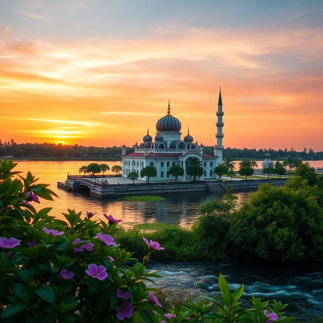 A beautiful view of a mosque located by the Musi River in Palembang, South Sumatra