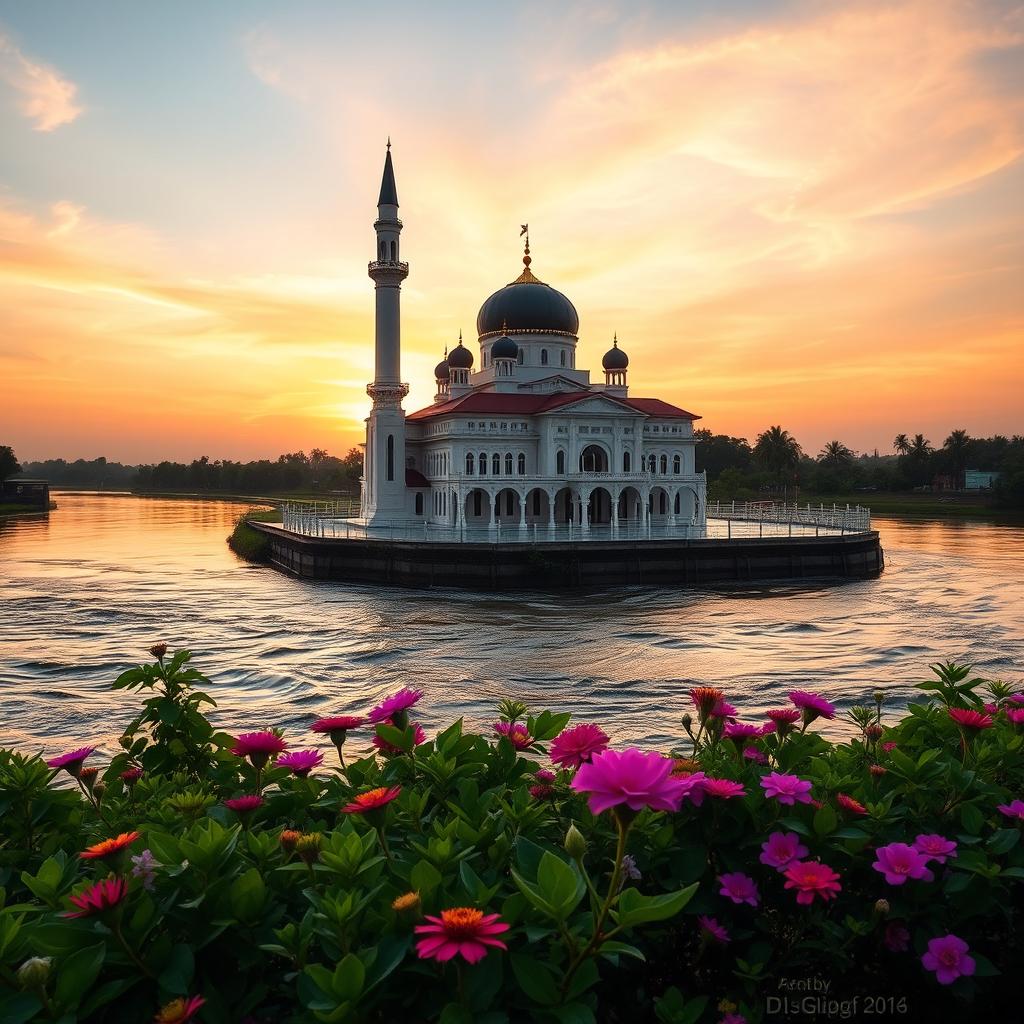 A beautiful view of a mosque located by the Musi River in Palembang, South Sumatra