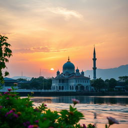 A beautiful view of a mosque located by the Musi River in Palembang, South Sumatra
