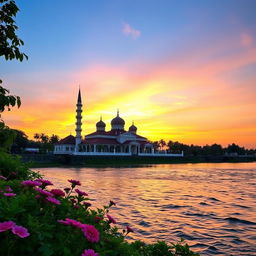 A beautiful view of a mosque located by the Musi River in Palembang, South Sumatra