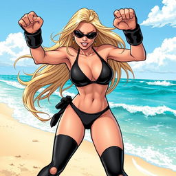 A dynamic illustration of Black Canary, the iconic superheroine, showcasing her fierce spirit while enjoying a beach day
