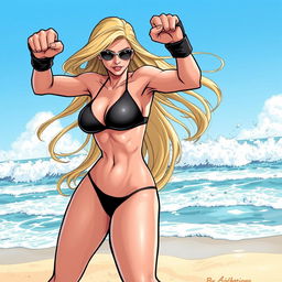 A dynamic illustration of Black Canary, the iconic superheroine, showcasing her fierce spirit while enjoying a beach day