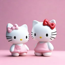 This is a high-quality digital art image showcasing two porcelain Hello Kitty figures