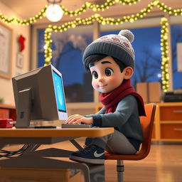 An animated 3D scene of a determined 6-year-old boy named Nil actively working on a PC to set an alarm
