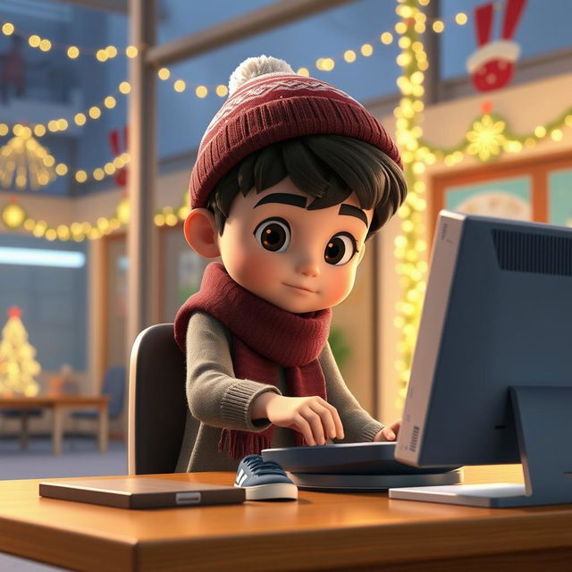 An animated 3D scene of a determined 6-year-old boy named Nil actively working on a PC to set an alarm