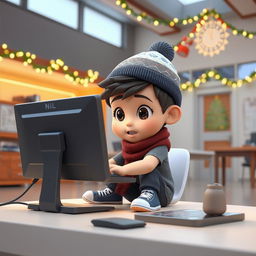 An animated 3D scene of a determined 6-year-old boy named Nil actively working on a PC to set an alarm