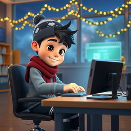 An animated 3D scene of a determined 6-year-old boy named Nil actively working on a PC to set an alarm