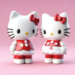 This is a high-quality digital art image showcasing two porcelain Hello Kitty figures