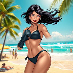A vibrant and dynamic scene featuring Black Canary at the beach, wearing a stylish bikini