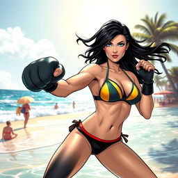 A vibrant and dynamic scene featuring Black Canary at the beach, wearing a stylish bikini