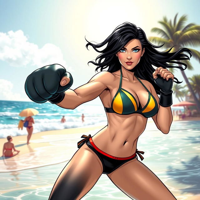 A vibrant and dynamic scene featuring Black Canary at the beach, wearing a stylish bikini