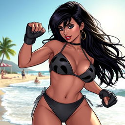 A vibrant and dynamic scene featuring Black Canary at the beach, wearing a stylish bikini