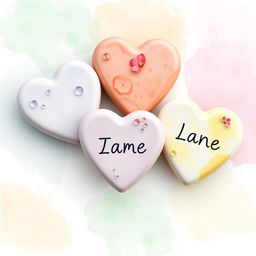Three heart-shaped stones, each featuring a soft watercolor background with gentle blends of different colors—one in soft blues and greens, another in warm pinks and yellows, and the last in calming lavender and cream