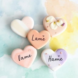 Three heart-shaped stones, each featuring a soft watercolor background with gentle blends of different colors—one in soft blues and greens, another in warm pinks and yellows, and the last in calming lavender and cream