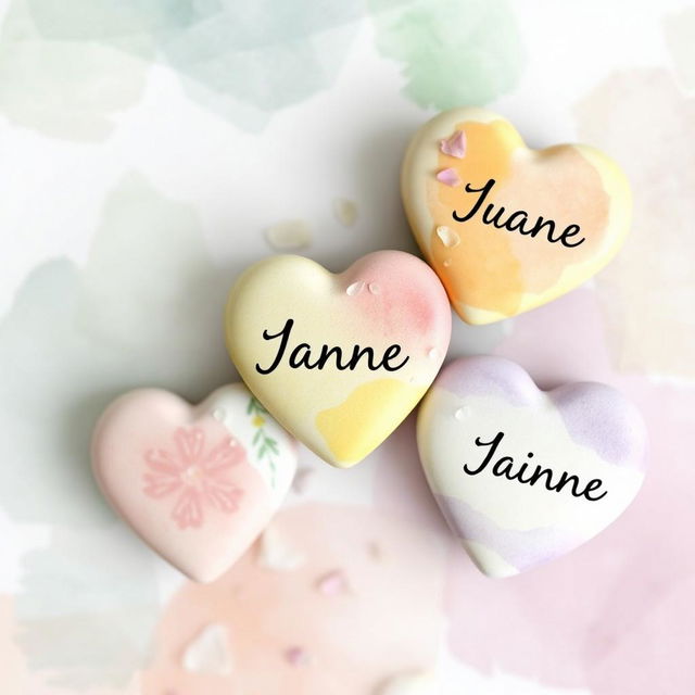 Three heart-shaped stones, each featuring a soft watercolor background with gentle blends of different colors—one in soft blues and greens, another in warm pinks and yellows, and the last in calming lavender and cream