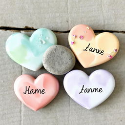 Three heart-shaped stones, each featuring a soft watercolor background with gentle blends of different colors—one in soft blues and greens, another in warm pinks and yellows, and the last in calming lavender and cream