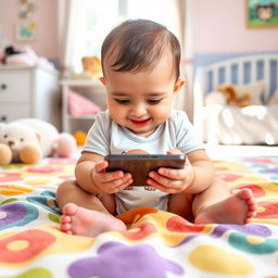 A cute baby sitting on a bright, colorful blanket, curiously examining a smartphone with both hands