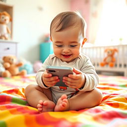 A cute baby sitting on a bright, colorful blanket, curiously examining a smartphone with both hands