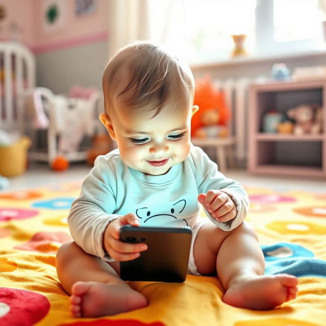 A cute baby sitting on a bright, colorful blanket, curiously examining a smartphone with both hands