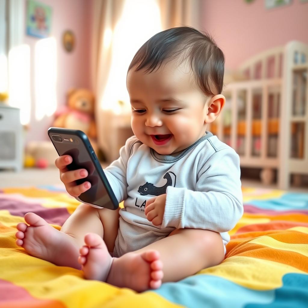 A cute baby sitting on a bright, colorful blanket, curiously examining a smartphone with both hands