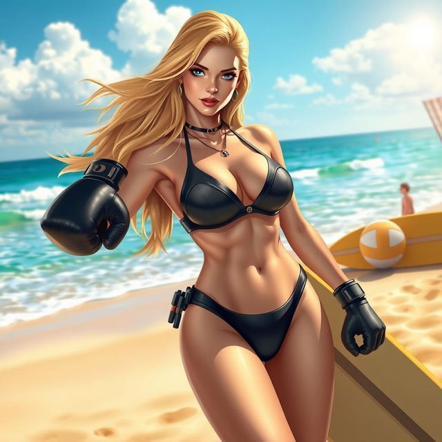 A stunning beach scene featuring Black Canary, a superheroine known for her exceptional combat skills