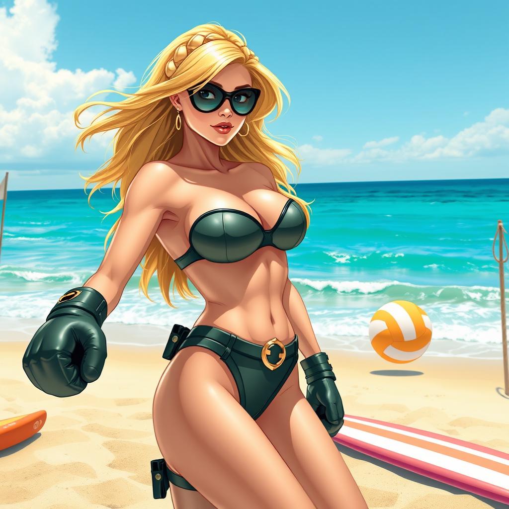 A stunning beach scene featuring Black Canary, a superheroine known for her exceptional combat skills