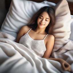 A high-quality digital art image of a beautiful woman lying on a bed