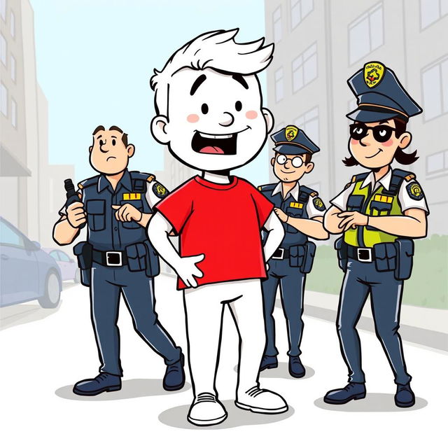 A white cartoon character wearing a bright red T-shirt being arrested by police officers