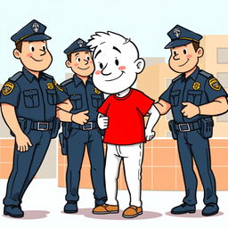 A white cartoon character wearing a bright red T-shirt being arrested by police officers