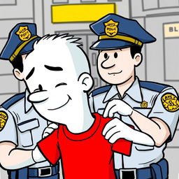 A white cartoon character wearing a bright red T-shirt being arrested by police officers