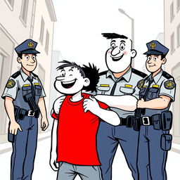 A white cartoon character wearing a bright red T-shirt being arrested by police officers