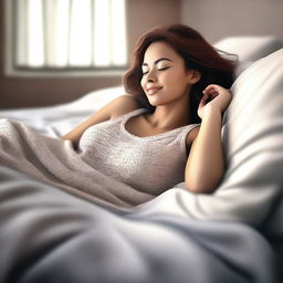 A high-quality digital art image of a beautiful woman lying on a bed