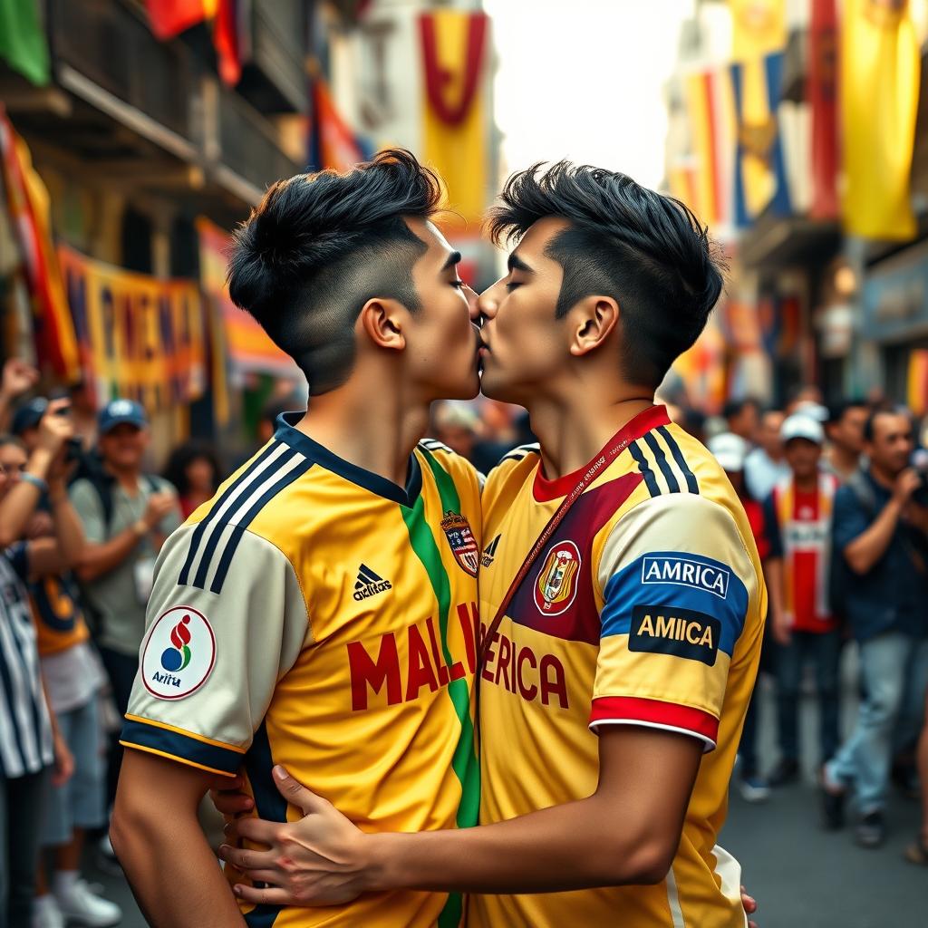 A passionate kiss between two young adults in a vibrant urban setting