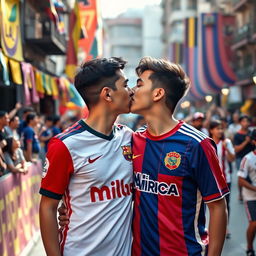 A passionate kiss between two young adults in a vibrant urban setting