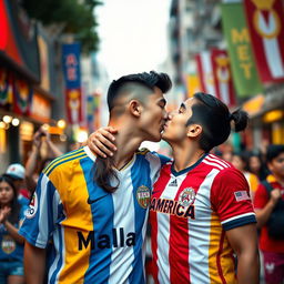 A passionate kiss between two young adults in a vibrant urban setting