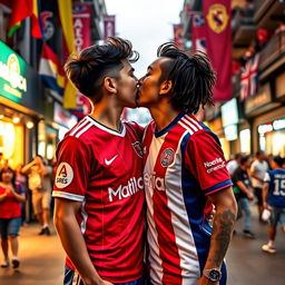 A passionate kiss between two young adults in a vibrant urban setting