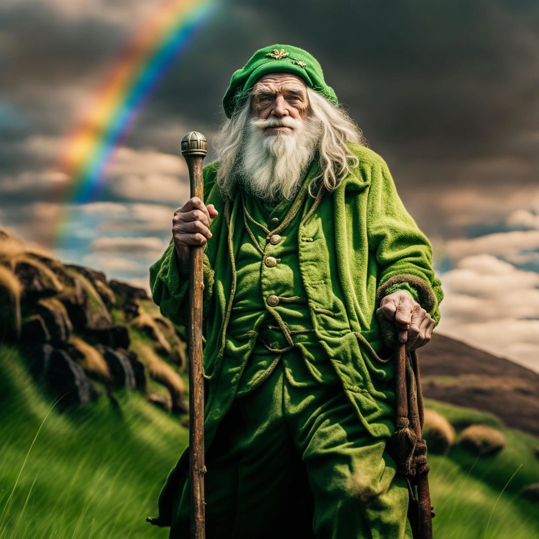 A high-definition, cinematic photograph of a geriatric leprechaun with a walking stick