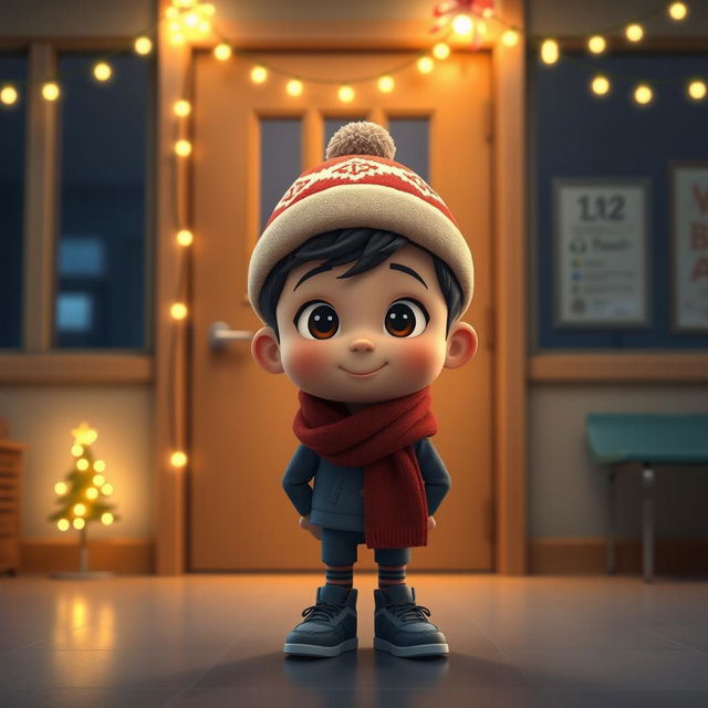 An animated 3D scene depicting a cute 6-year-old boy named Nil, quietly waiting behind a door in a modern school