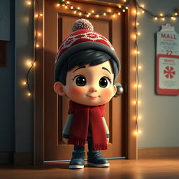 An animated 3D scene depicting a cute 6-year-old boy named Nil, quietly waiting behind a door in a modern school