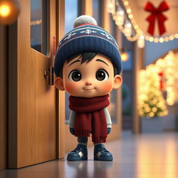 An animated 3D scene depicting a cute 6-year-old boy named Nil, quietly waiting behind a door in a modern school