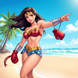 A stunning illustration of Wonder Woman on a beach day, wearing a vibrant bikini that highlights her athletic physique