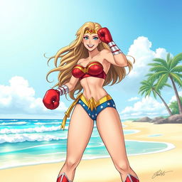 A stunning illustration of Wonder Woman on a beach day, wearing a vibrant bikini that highlights her athletic physique