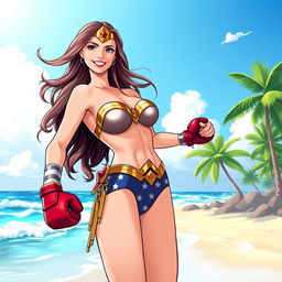A stunning illustration of Wonder Woman on a beach day, wearing a vibrant bikini that highlights her athletic physique