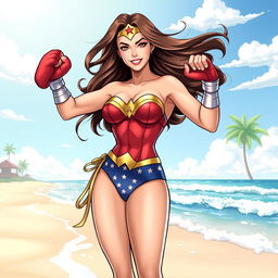 A stunning illustration of Wonder Woman on a beach day, wearing a vibrant bikini that highlights her athletic physique