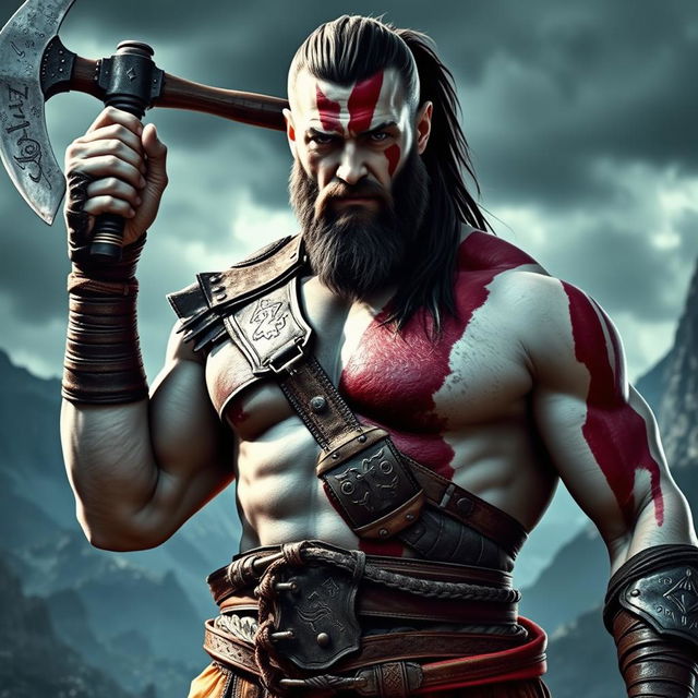 A powerful and muscular man resembling Chris Hemsworth, dressed as Kratos from the God of War games