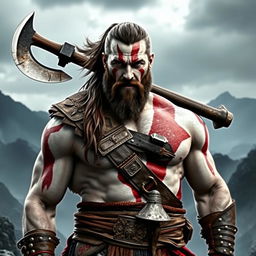A powerful and muscular man resembling Chris Hemsworth, dressed as Kratos from the God of War games
