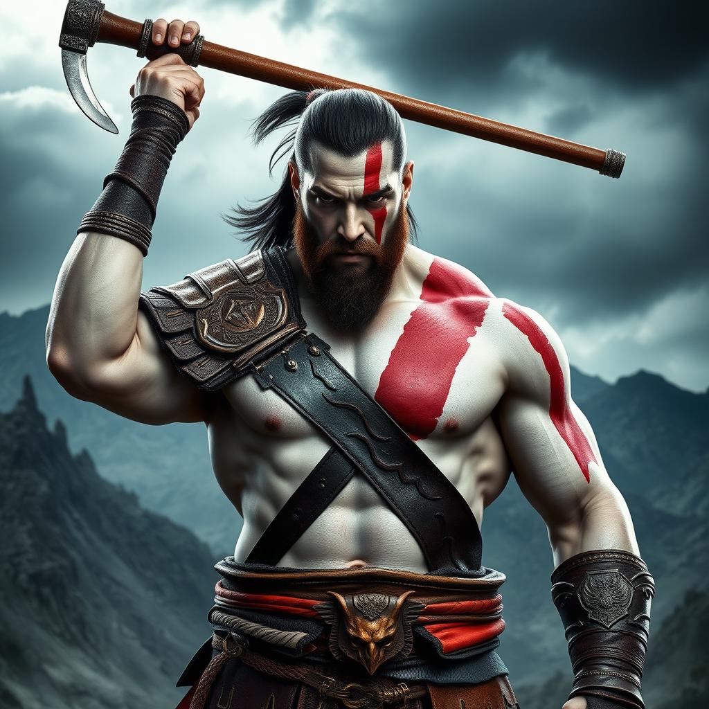 A powerful and muscular man resembling Chris Hemsworth, dressed as Kratos from the God of War games