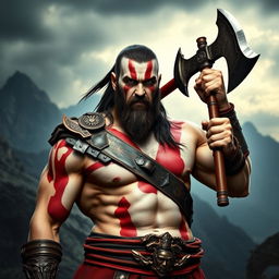 A powerful and muscular man resembling Chris Hemsworth, dressed as Kratos from the God of War games