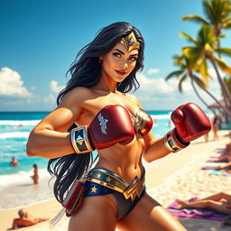 A muscular and powerful Wonder Woman enjoying a beach day, wearing a stylish bikini and boxing gloves